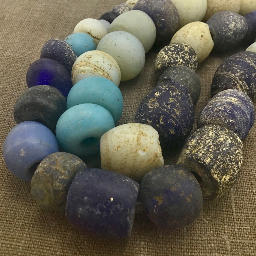 Mixed Indigo, White and Sky Blue Antique European Glass Beads, 26 Inch Strand - Rita Okrent Collection (ANT434)