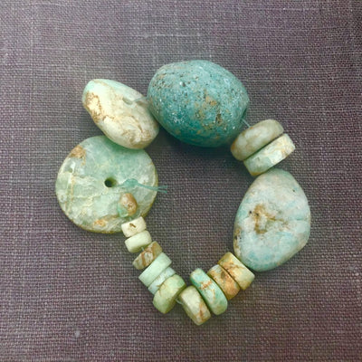 Short Strand of 17 Mixed Size and Shape Ancient Amazonite and Jasper Stone Beads from Mauritania - Rita Okrent Collection (S399b)