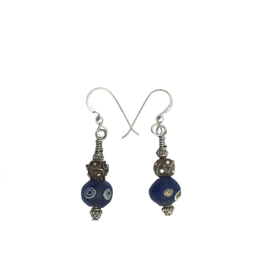 Ancient Blue Islamic Medieval Glass Evil Eye Bead Earrings with Silver - Rita Okrent Collection (E363)