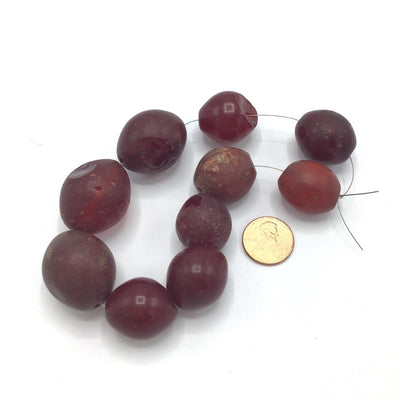 Short Strand of 10 Worn Antique Bohemian Maroon Red Pigeon Egg Beads from the African Trade - Rita Okrent Collection (AT0798m)