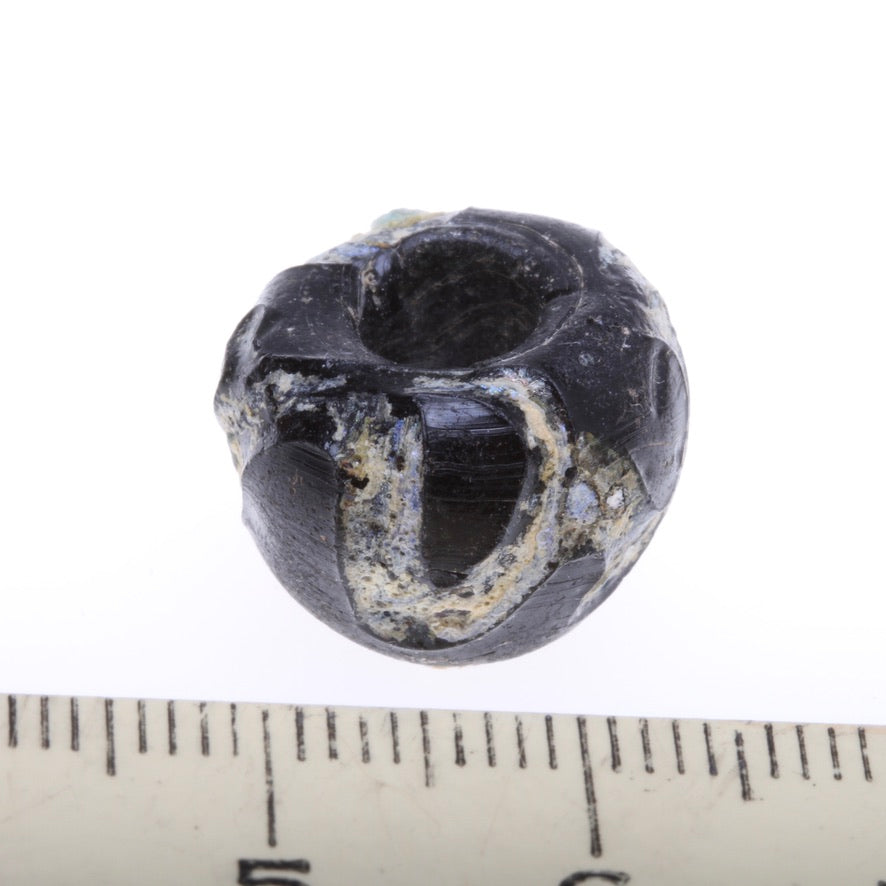 Ancient Black Glass Bead with White Florescent Swirls - Rita Okrent Collection (AG076e)