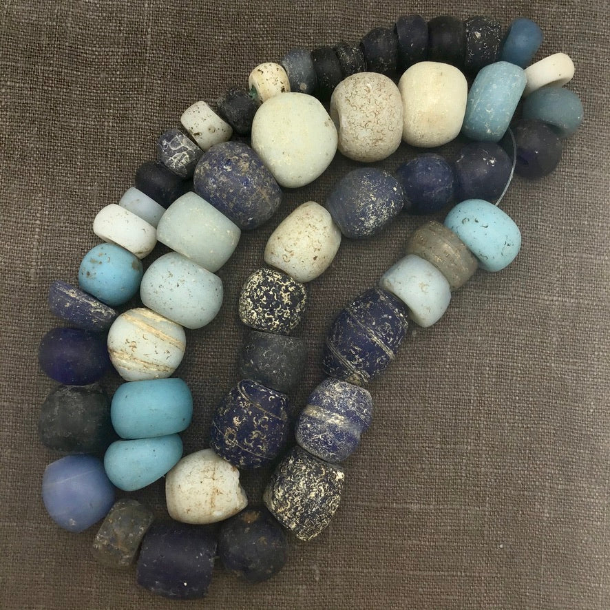 Mixed Indigo, White and Sky Blue Antique European Glass Beads, 26 Inch Strand - Rita Okrent Collection (ANT434)