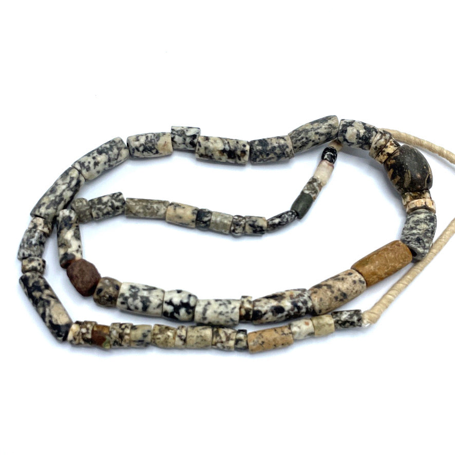 Ancient Black, White and Light Brown Granite Tube Beads, Strand - Rita Okrent Collection (S445)