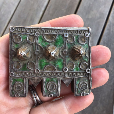 Exquisite Large Antique Enameled Berber Silver Hirz Box Amulet from Morocco - Rita Okrent Collection (P756)