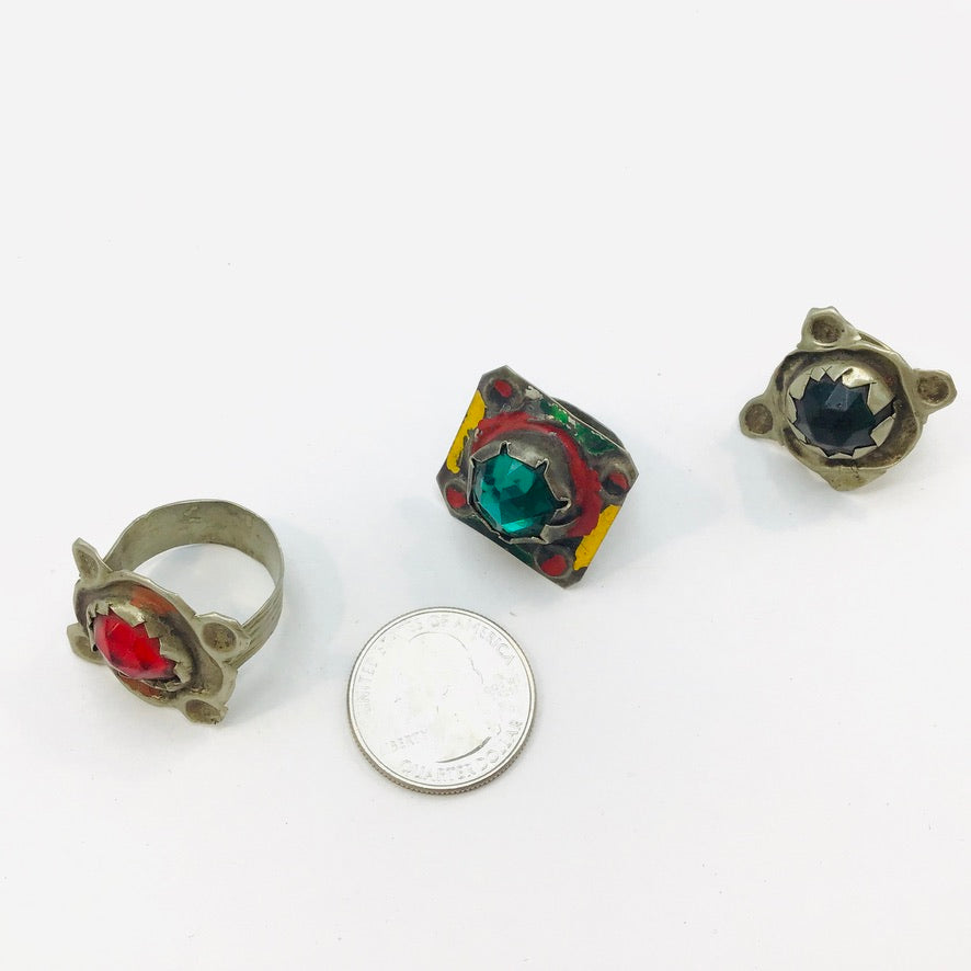 Group of 3 Vintage Colorful Metal and Glass Rings from Morocco - Rita Okrent Collection (BR102c)