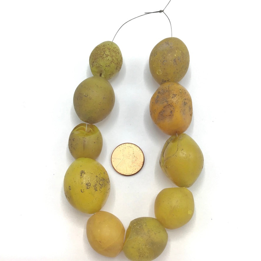 Choice of Strands Yellow Bohemian Glass Pigeon Egg Beads, Damaged, African Trade - Rita Okrent Collection (AT0281)