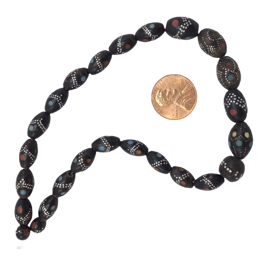 Yemeni Black Coral Beads, Inlaid with Silver, Coral and Turquoise - Rita Okrent Collection (ANT825)