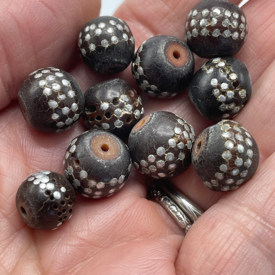 Yemeni Black Coral Beads with Silver Inlay, Sold Individually -- Rita Okrent Collection (ANT650s)