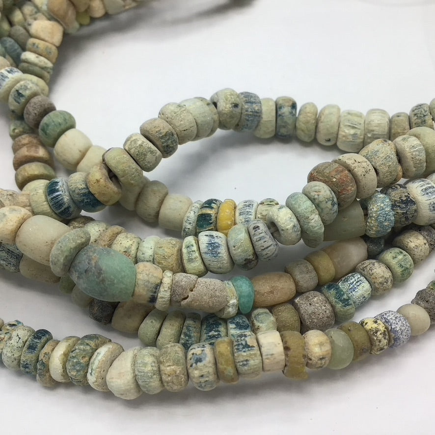 Graduated White, Blue, Green Excavated Ancient Glass Medium Sized Nila Beads, Djenne, Mali  - Rita Okrent Collection (AT0636)