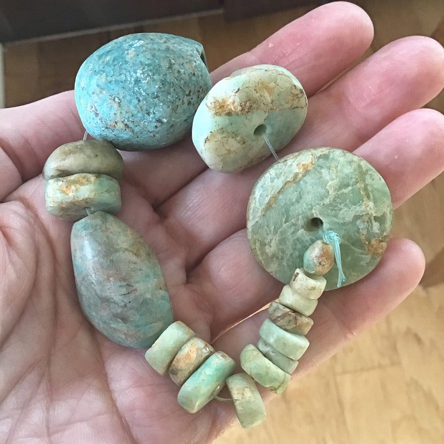 Short Strand of 17 Mixed Size and Shape Ancient Amazonite and Jasper Stone Beads from Mauritania - Rita Okrent Collection (S399b)