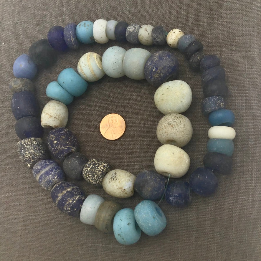 Mixed Indigo, White and Sky Blue Antique European Glass Beads, 26 Inch Strand - Rita Okrent Collection (ANT434)