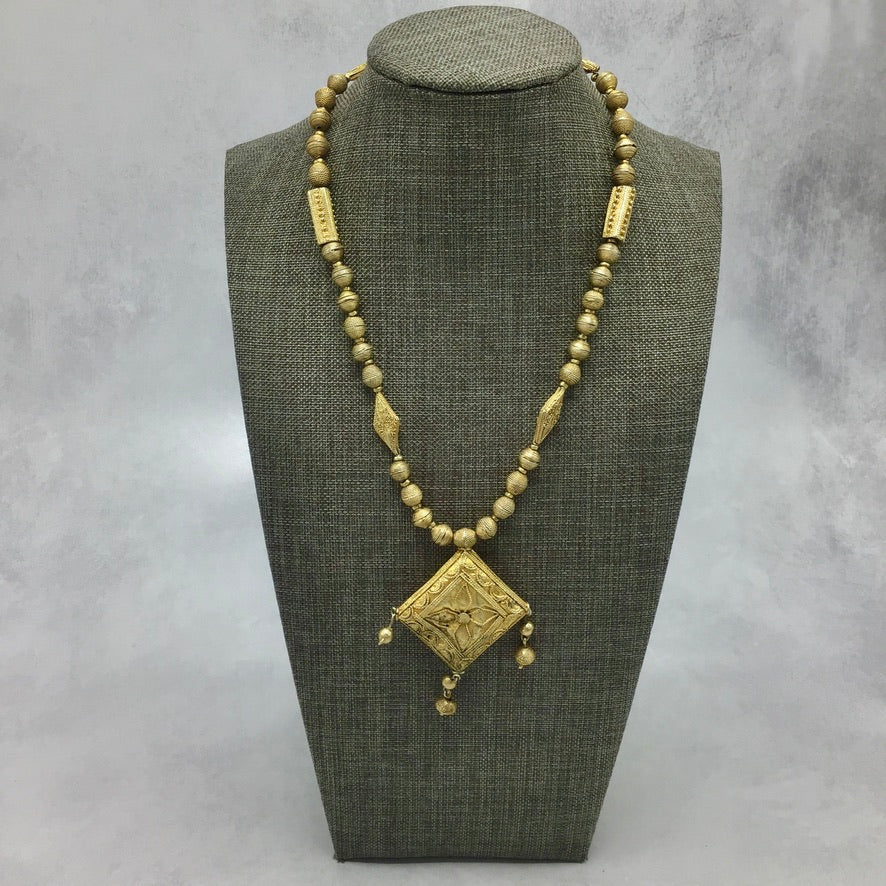 Mauritanian Gold-Plated Gilded Beaded Necklace with Diamond Shaped Pendant - Rita Okrent Collection (NE577)