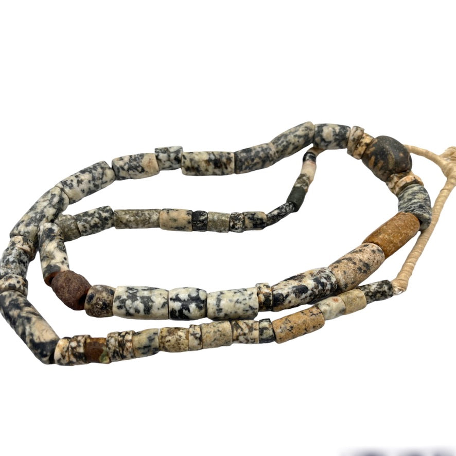 Ancient Black, White and Light Brown Granite Tube Beads, Strand - Rita Okrent Collection (S445)