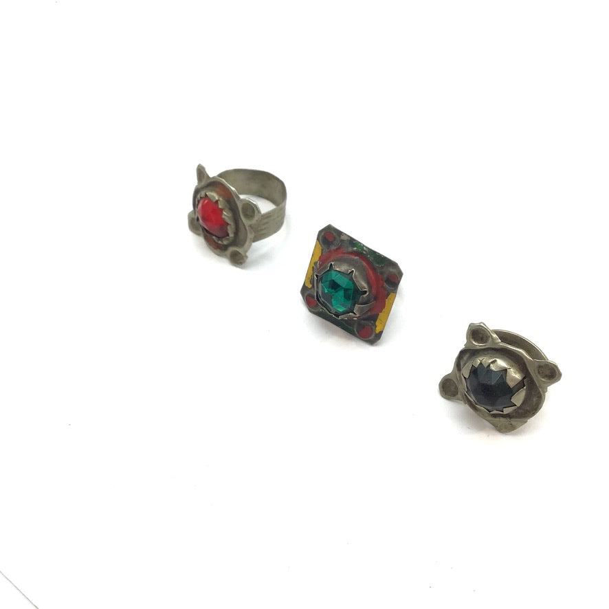 Group of 3 Vintage Colorful Metal and Glass Rings from Morocco - Rita Okrent Collection (BR102c)