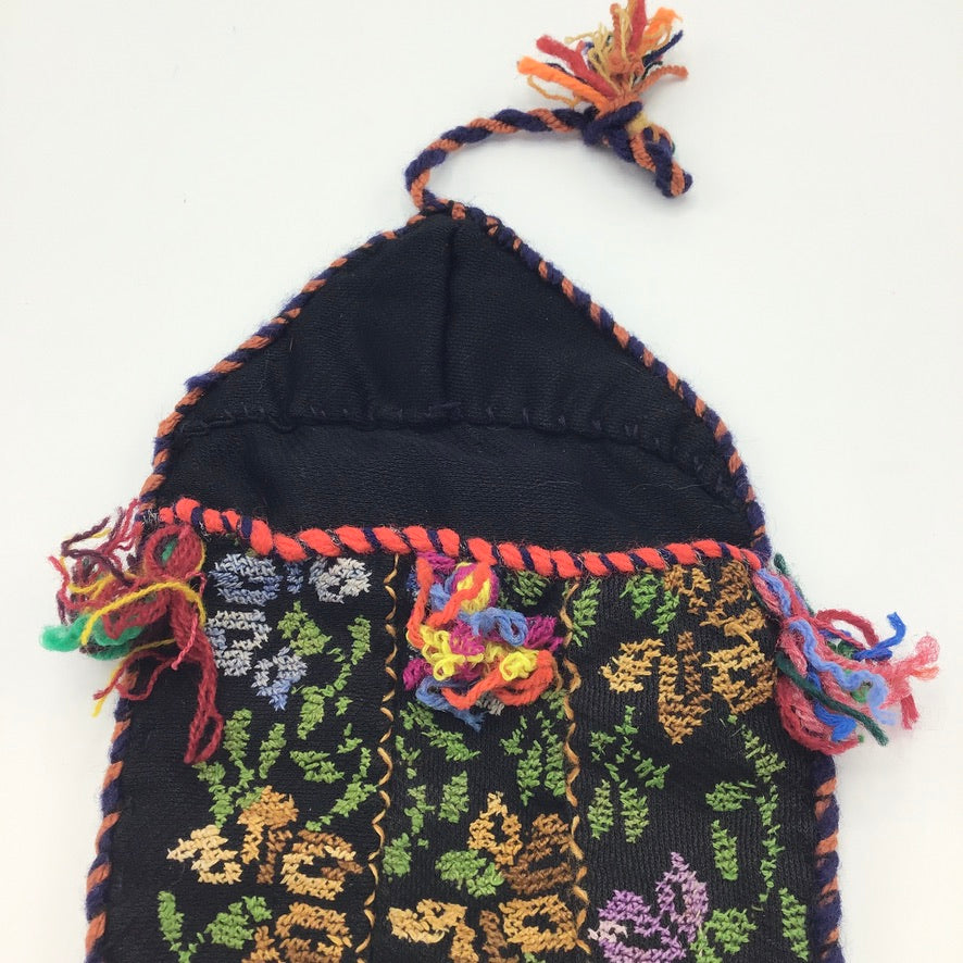 Traditional Bedouin Hand Embroidered Purse or Jewelry Bag, Adorned with Purple and Yellow Flowers - Rita Okrent Collection (AA291b)