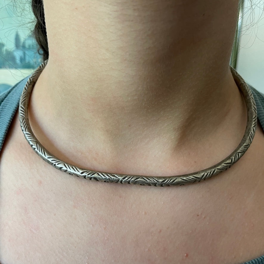 Vintage Engraved Egyptian Silver Choker Torque with Snake Heads - Rita Okrent Collection (NE568)