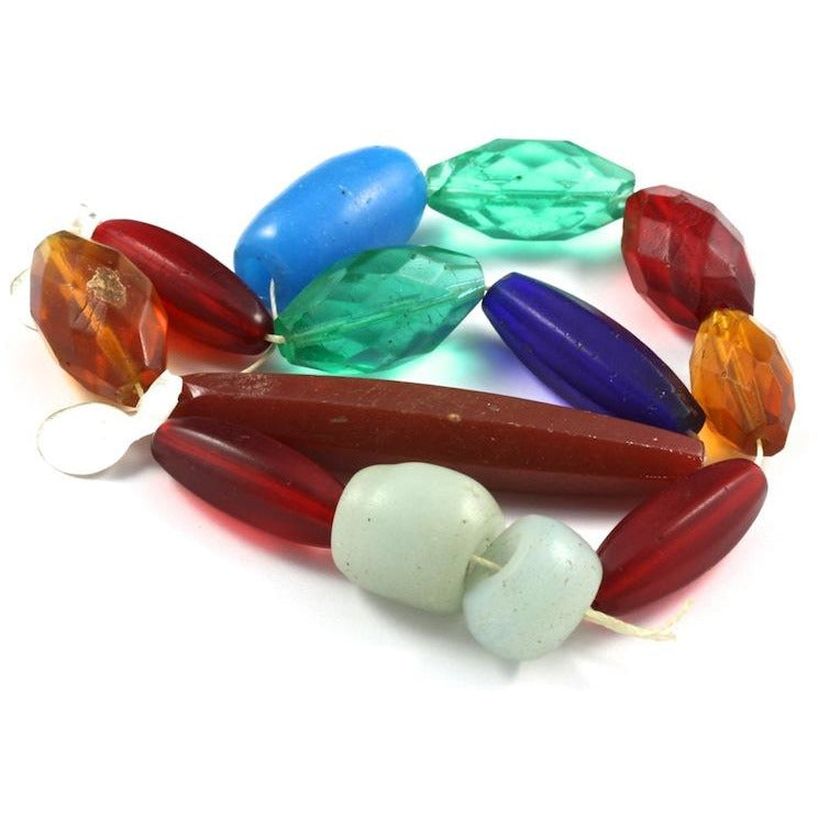 Mixed Red, Green and Amber Faceted Bohemian Glass beads, Antique