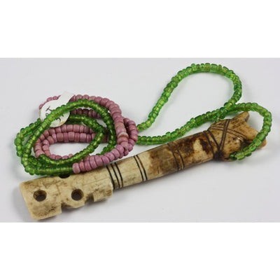 Beaded Pink and Green necklace with African Wooden Pendant, Old