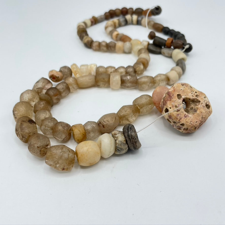 Ancient Rock Crystal and Agate Bead Strand with Coral Focal Bead - Rita Okrent Collection (S614)