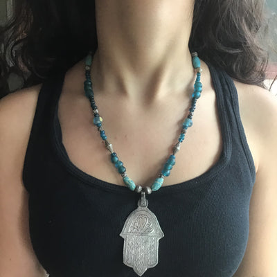Necklace - Berber Silver Heart Hamsa Amulet with Teal Blue Ancient Glass Beads and Mauritanian Silver Spacers - Rita Okrent Collection (NE379)