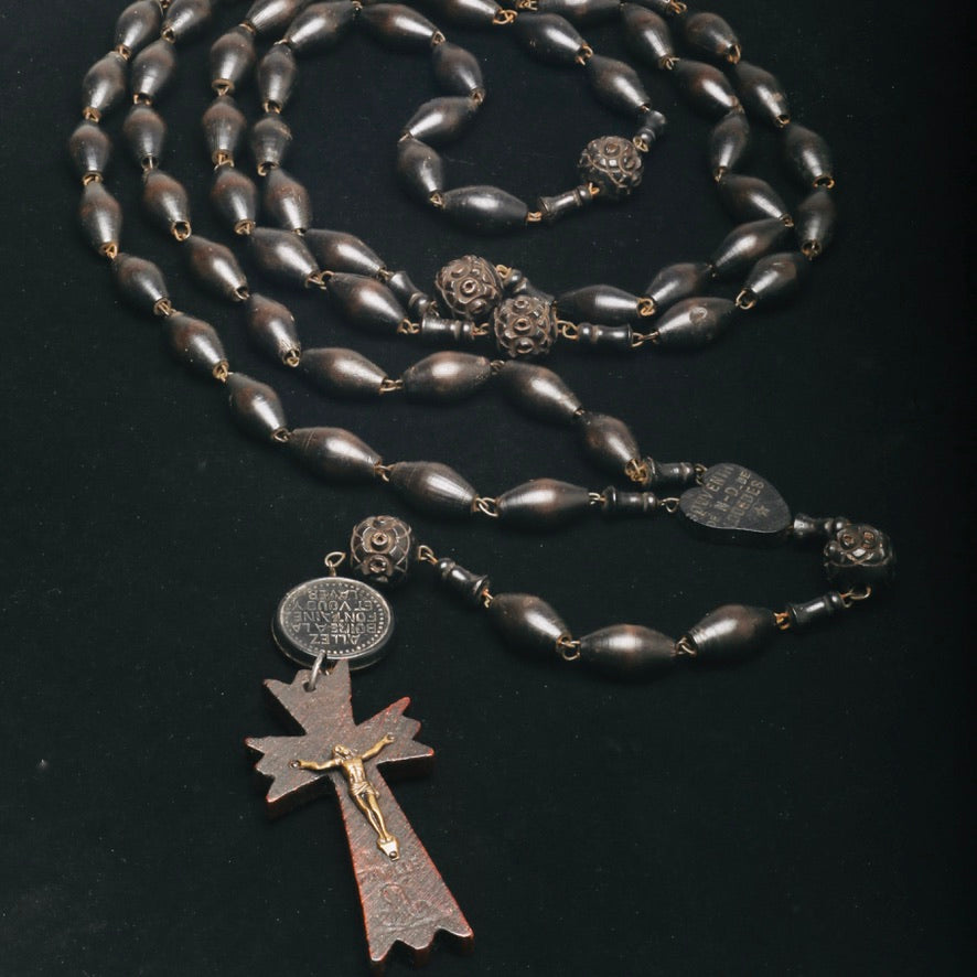 Antique French Monk Belt Rosary, Black with Carved Beads - Rita Okrent Collection (ANT487)