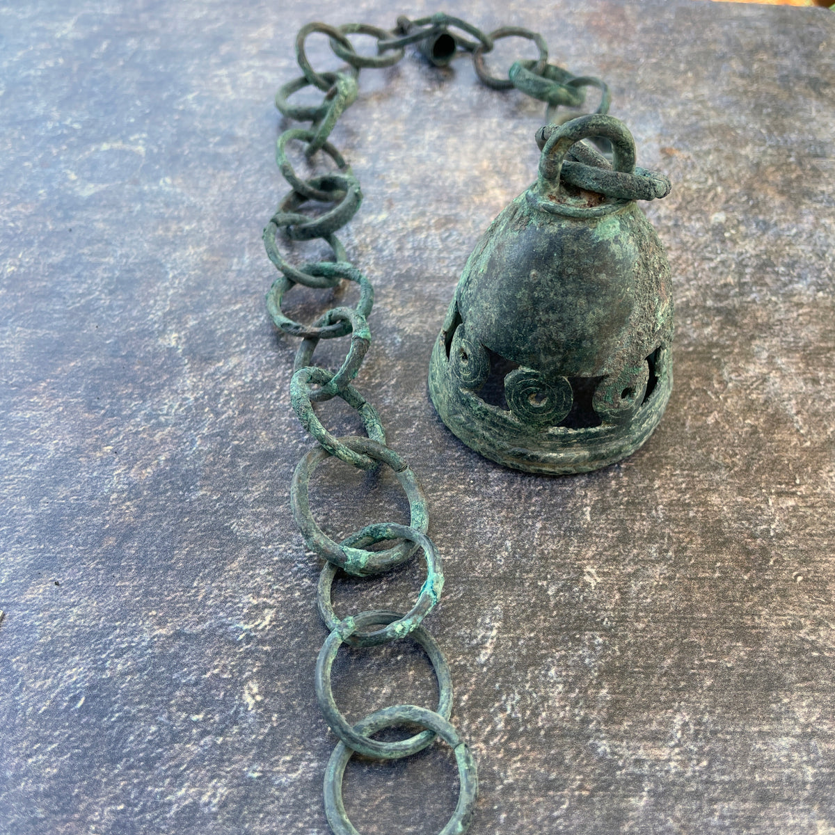 Antique Dogon Bronze Bell on Bronze Loop Chain with Lovely Patina, from Mali - Rita Okrent Collection (C174o)