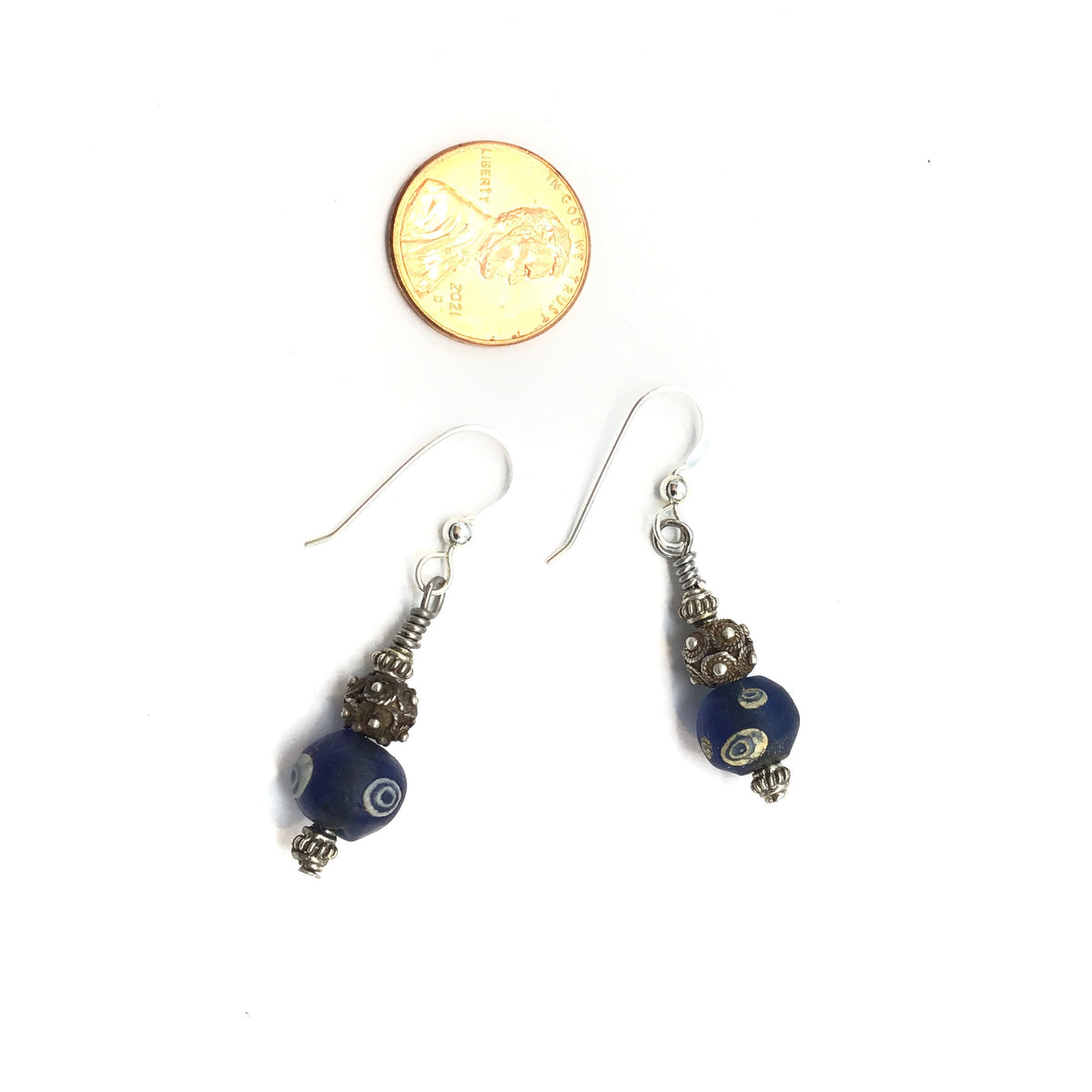 Ancient Blue Islamic Medieval Glass Evil Eye Bead Earrings with Silver - Rita Okrent Collection (E363)