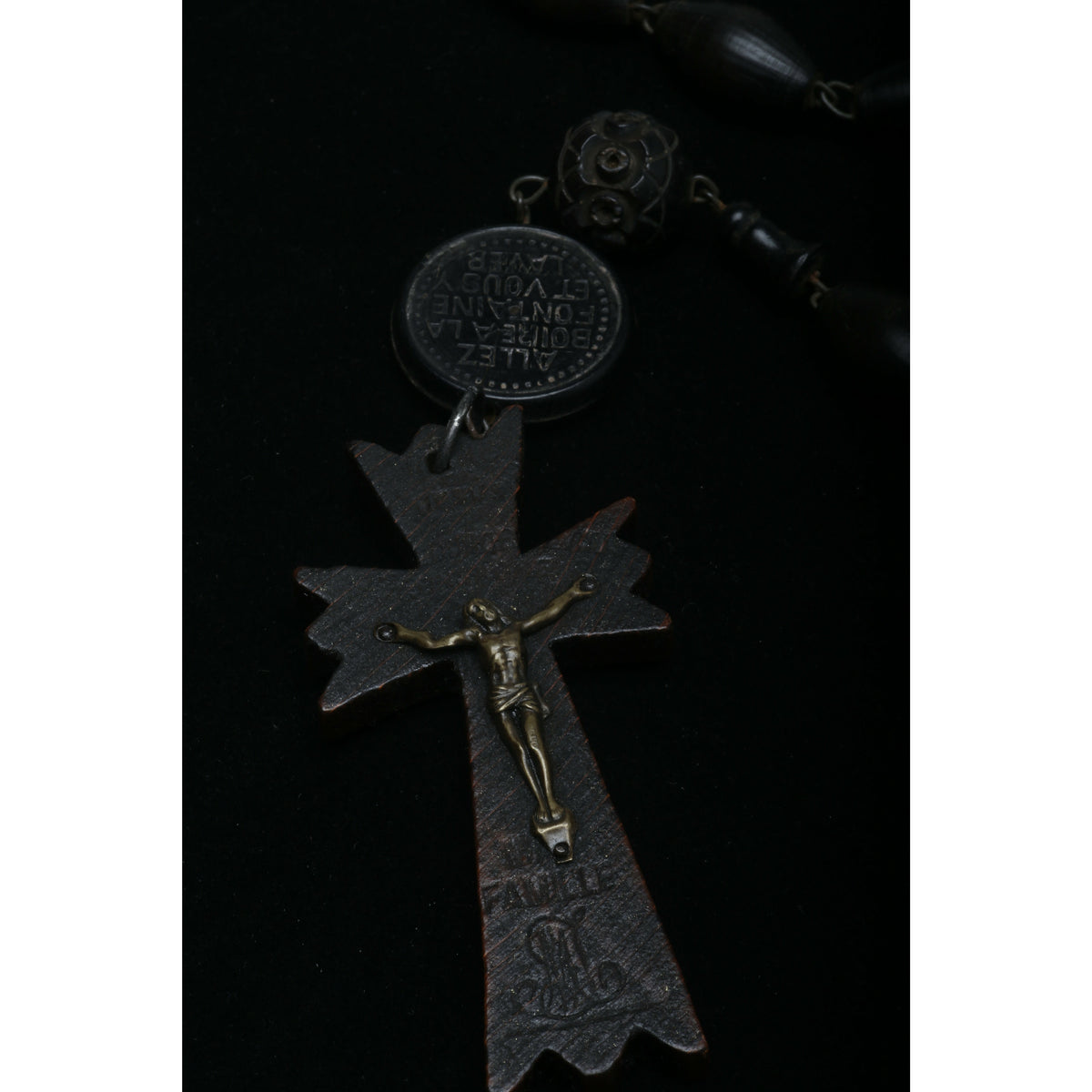 Antique French Monk Belt Rosary, Black with Carved Beads - Rita Okrent Collection (ANT487)