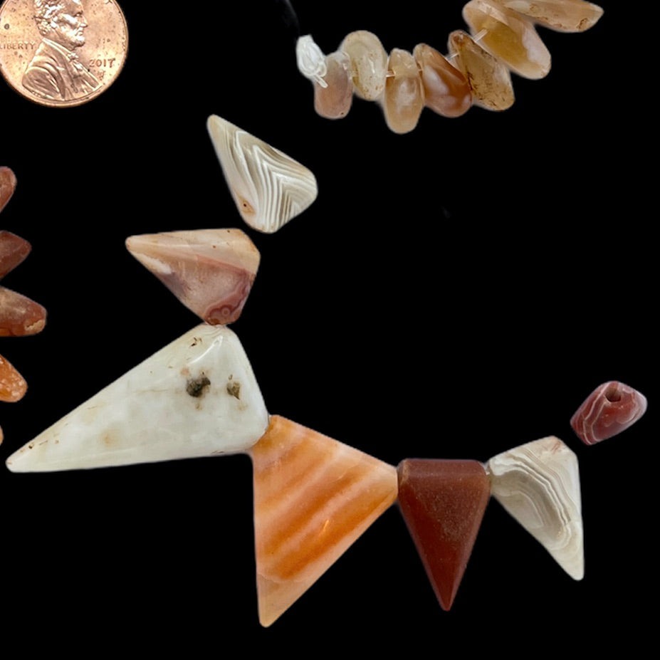 Strand of 7 Carnelian and Striped Agate Flat Triangular Amulets, W.Africa -  Rita Okrent Collection (S494c)