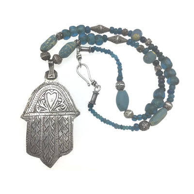 Necklace - Berber Silver Heart Hamsa Amulet with Teal Blue Ancient Glass Beads and Mauritanian Silver Spacers - Rita Okrent Collection (NE379)