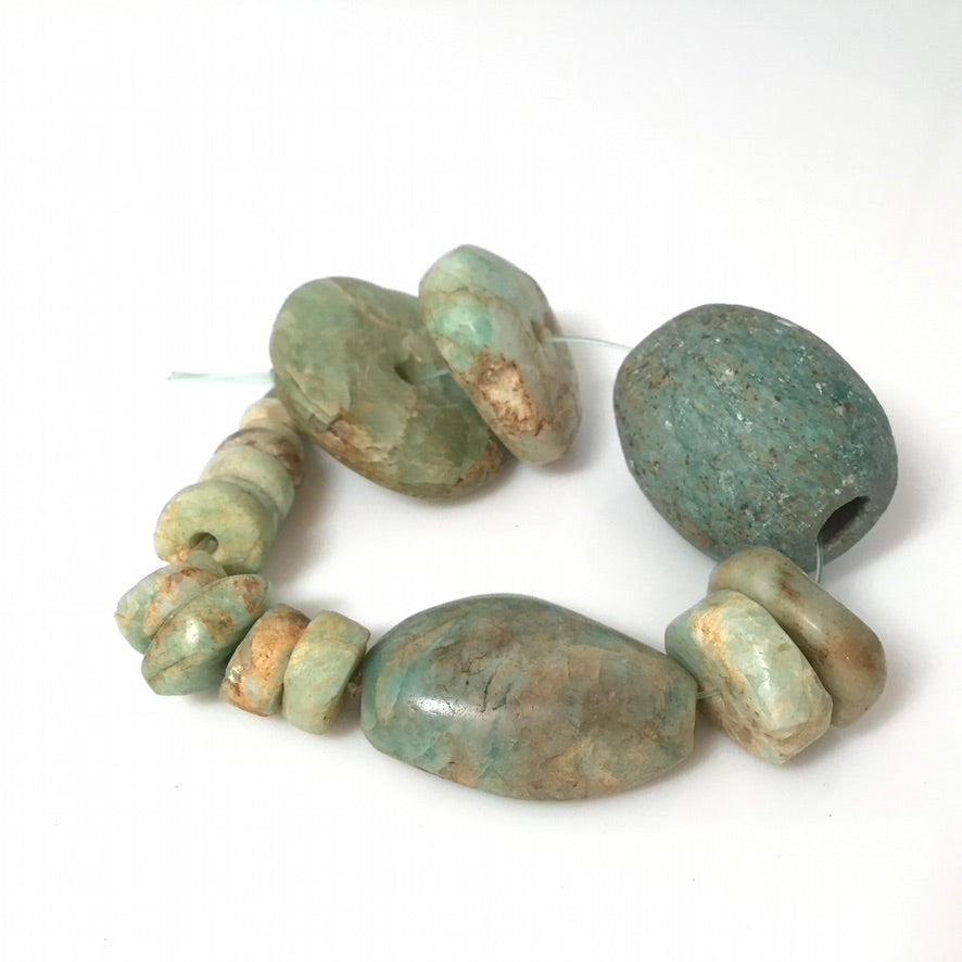 Short Strand of 17 Mixed Size and Shape Ancient Amazonite and Jasper Stone Beads from Mauritania - Rita Okrent Collection (S399b)