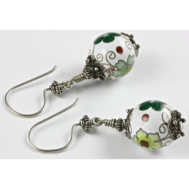 Vintage White Flowered Cloisonne Bead Earrings