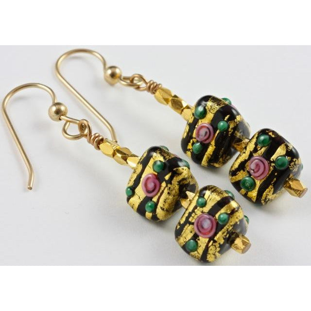 Handmade Gold Foil Flower Triangle Bead Earrings with Faceted Brass Beads, Bali