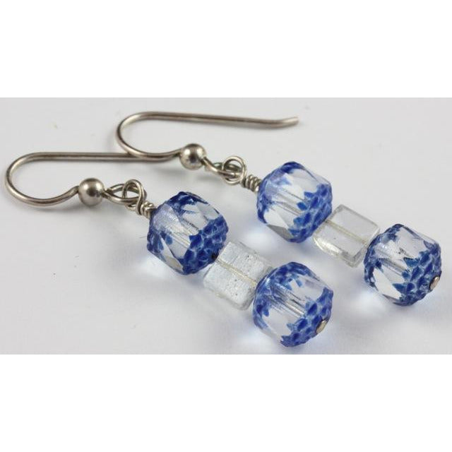 Czech Glass Diamond Cut Window Bead Earrings with Antique Bohemian Tile Beads