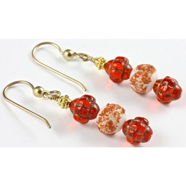 Persimmon Glass and Vintage German Sugar Bead Earrings 