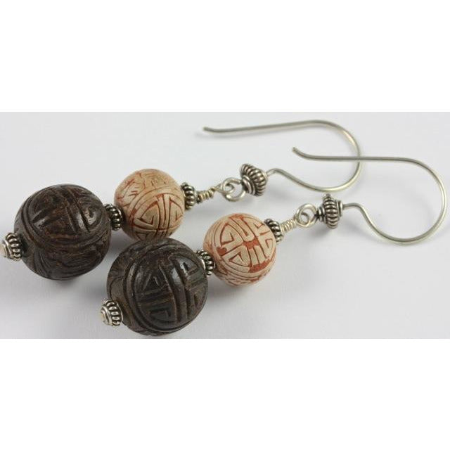 Vintage Carved Cinnabar Bead Earrings in Brown and Cinnamon