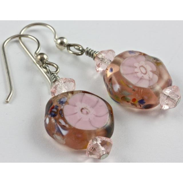 Rosaline Lampwork Bead Earrings with Millifiore Pink Flowers 