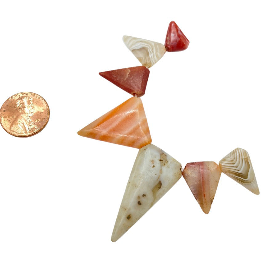 Strand of 7 Carnelian and Striped Agate Flat Triangular Amulets, W.Africa -  Rita Okrent Collection (S494c)