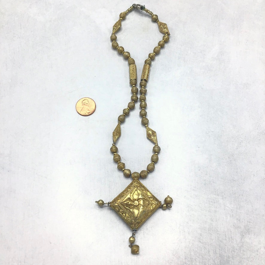 Mauritanian Gold-Plated Gilded Beaded Necklace with Diamond Shaped Pendant - Rita Okrent Collection (NE577)