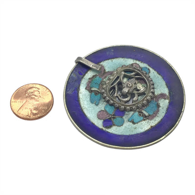 Antique Cloisonne Qing Dynasty Coin Pendant Enameled on Both Sides and with Silver Attachment - Rita Okrent Collection (P316a)