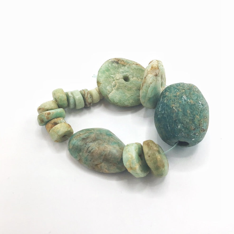 Short Strand of 17 Mixed Size and Shape Ancient Amazonite and Jasper Stone Beads from Mauritania - Rita Okrent Collection (S399b)