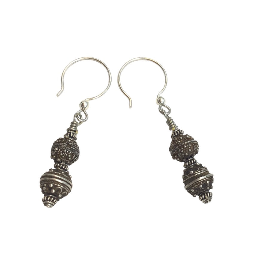 Mauritanian Silver Granulated Beaded Earrings - Longer Version - Rita Okrent Collection (E608b)