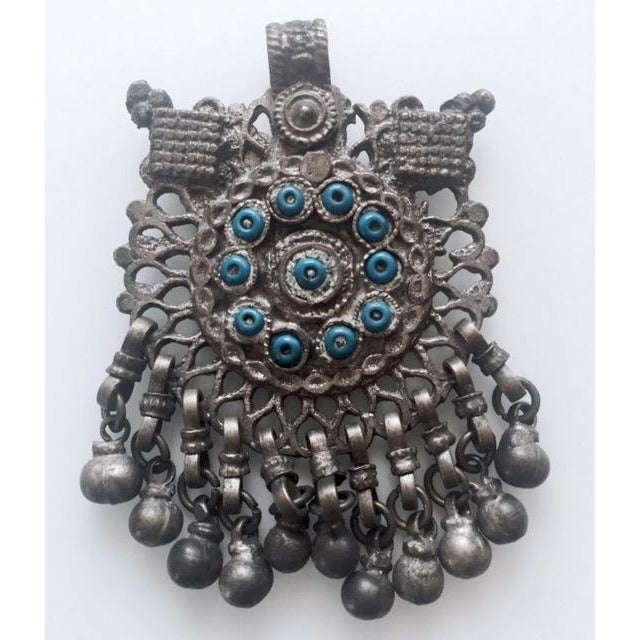 Bedouin Silver Pendant with Decorative Blue Beads and Lots of Dangles