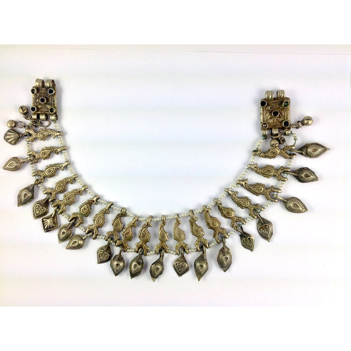 Siwa Oasis Egyptian Coin Silver and Faux Pearl Choker Necklace - C446