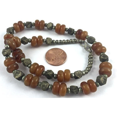 Moroccan Necklace of Silver Metal Hex Beads and Faux Amber Beads