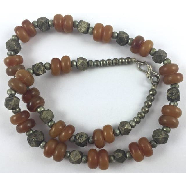 Moroccan Necklace of Silver Metal Hex Beads and Faux Amber Beads