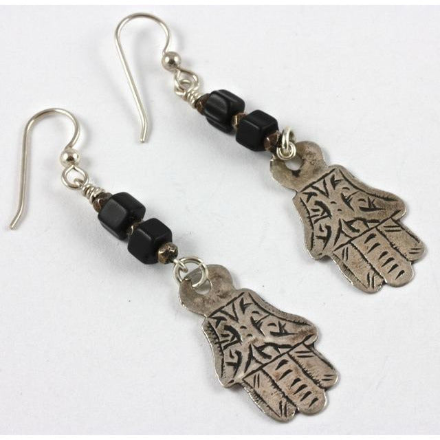 Berber Silver Hamsa Earrings with Czech Black Glass Pentagons 