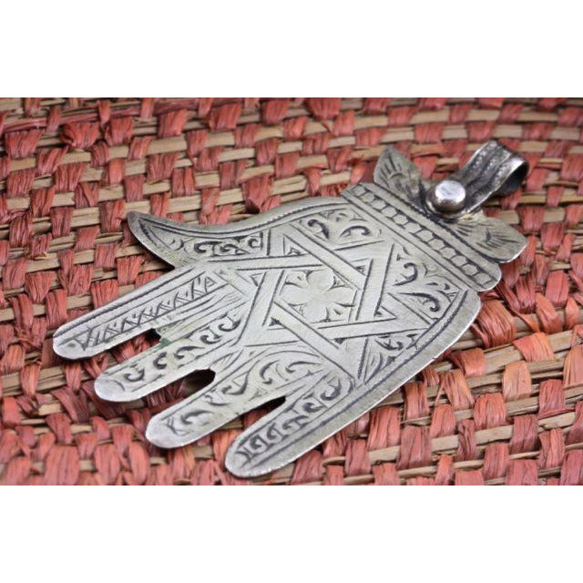 Meknes Silver Jewish Hitchiker Hamsa Pendant, Morocco 