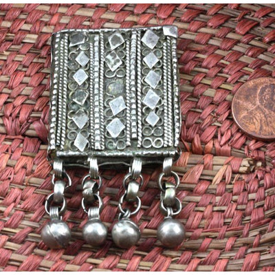 Old Yemeni Silver Rectangular Box Pendant with Dangles, Large - P556