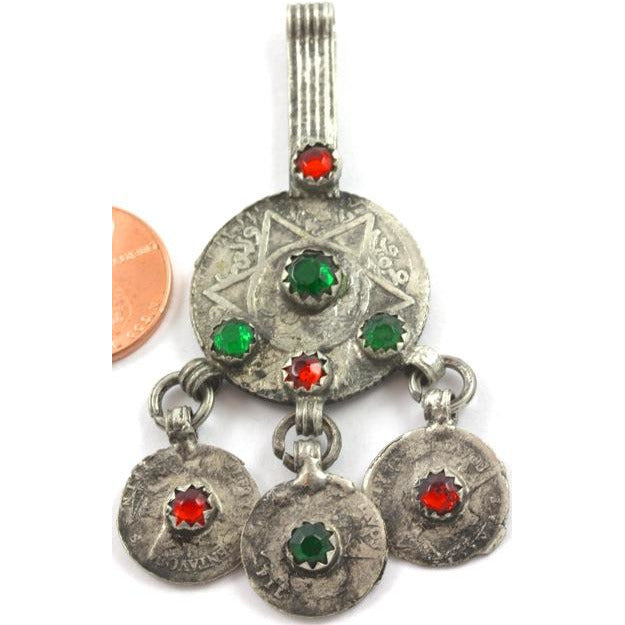 Moroccan Vintage Cast Coin Pendant, with Glass Settings - P332